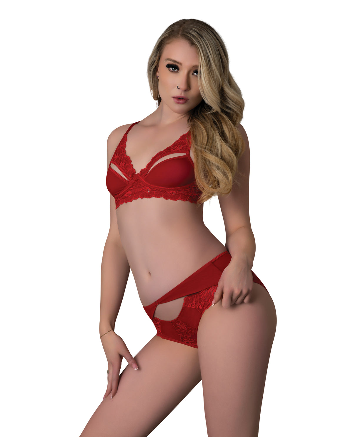 Conjunto de sutiã e calcinha de renda e tule com bordas recortadas e alças ajustáveis