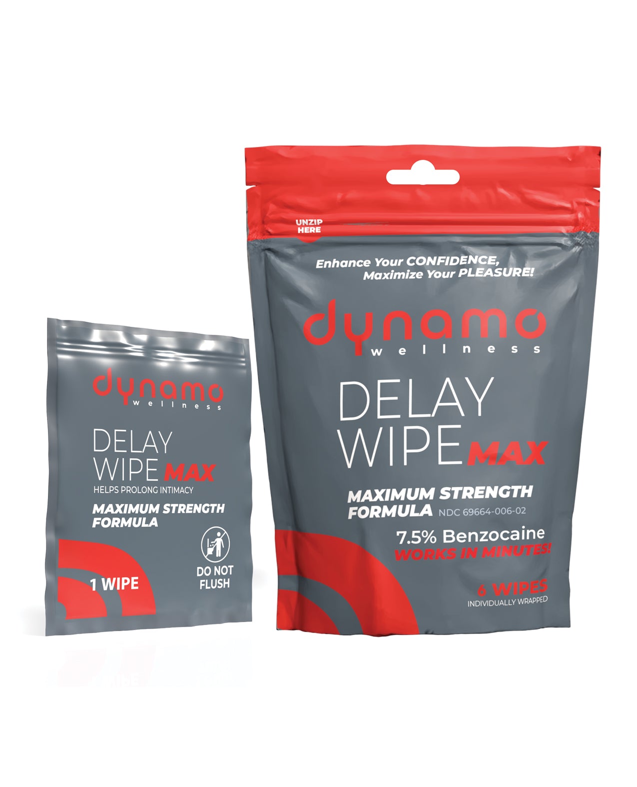 Toallitas retardantes de máxima potencia Dynamo Wellness, benzocaína 7.5, paquete de 6