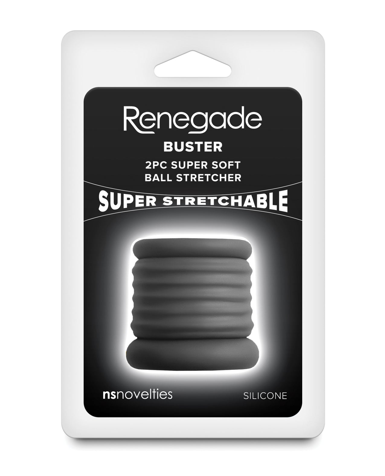 Dispozitiv de întindere a scrotului Renegade Buster, din silicon negru, cu design sigur de fixare din două piese