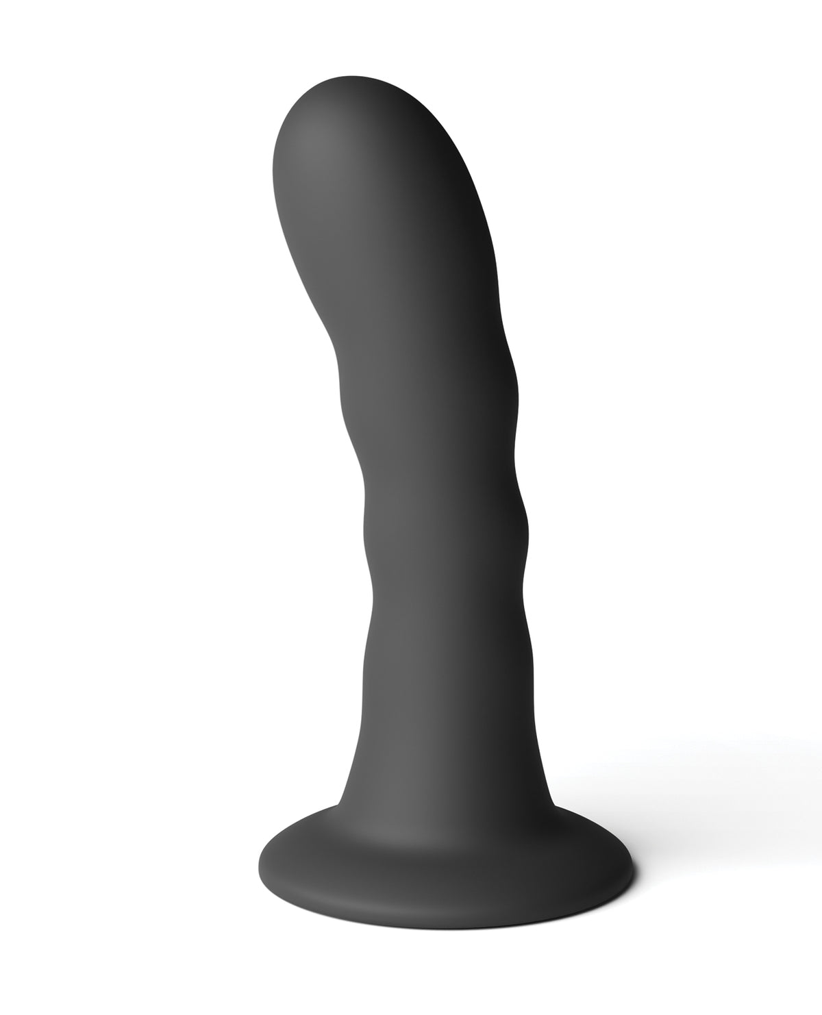 Love Notes Believe, dildo curbat cu nervuri, din silicon negru, cu bază cu ventuză, de 5 inch