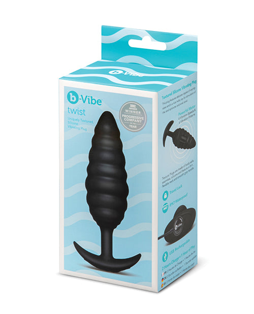 Cargue la imagen en el visor de la galería, Plug de silicona con textura y vibración BVibe Twist, material seguro para el cuerpo, punta cónica, negro
