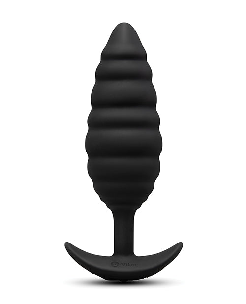 Plug de silicona con textura y vibración BVibe Twist, material seguro para el cuerpo, punta cónica, negro