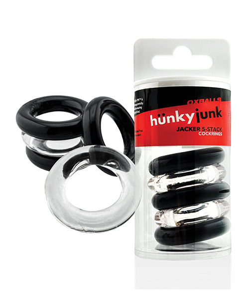 Hunky Junk Jacker Super Stretch Cockring 5 Pack Set With Storage Tube