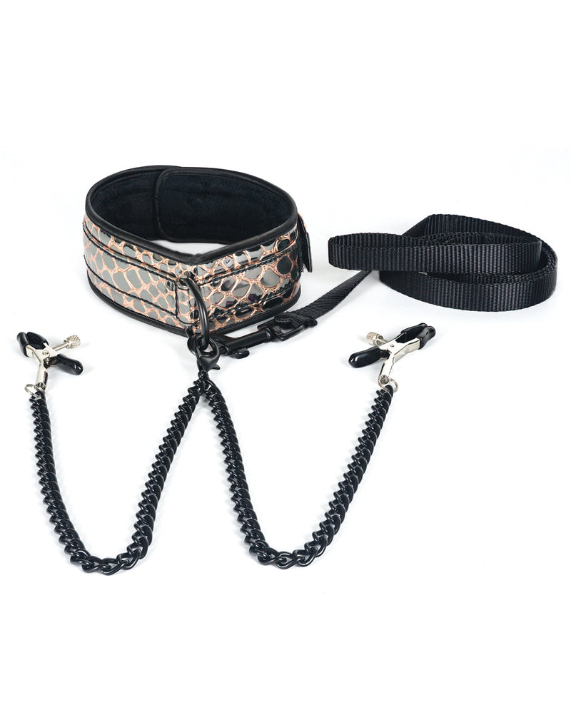 Cargue la imagen en el visor de la galería, Spartacus Faux Leather Collar &amp; Leash w/Black Nipple Clamps - Gold
