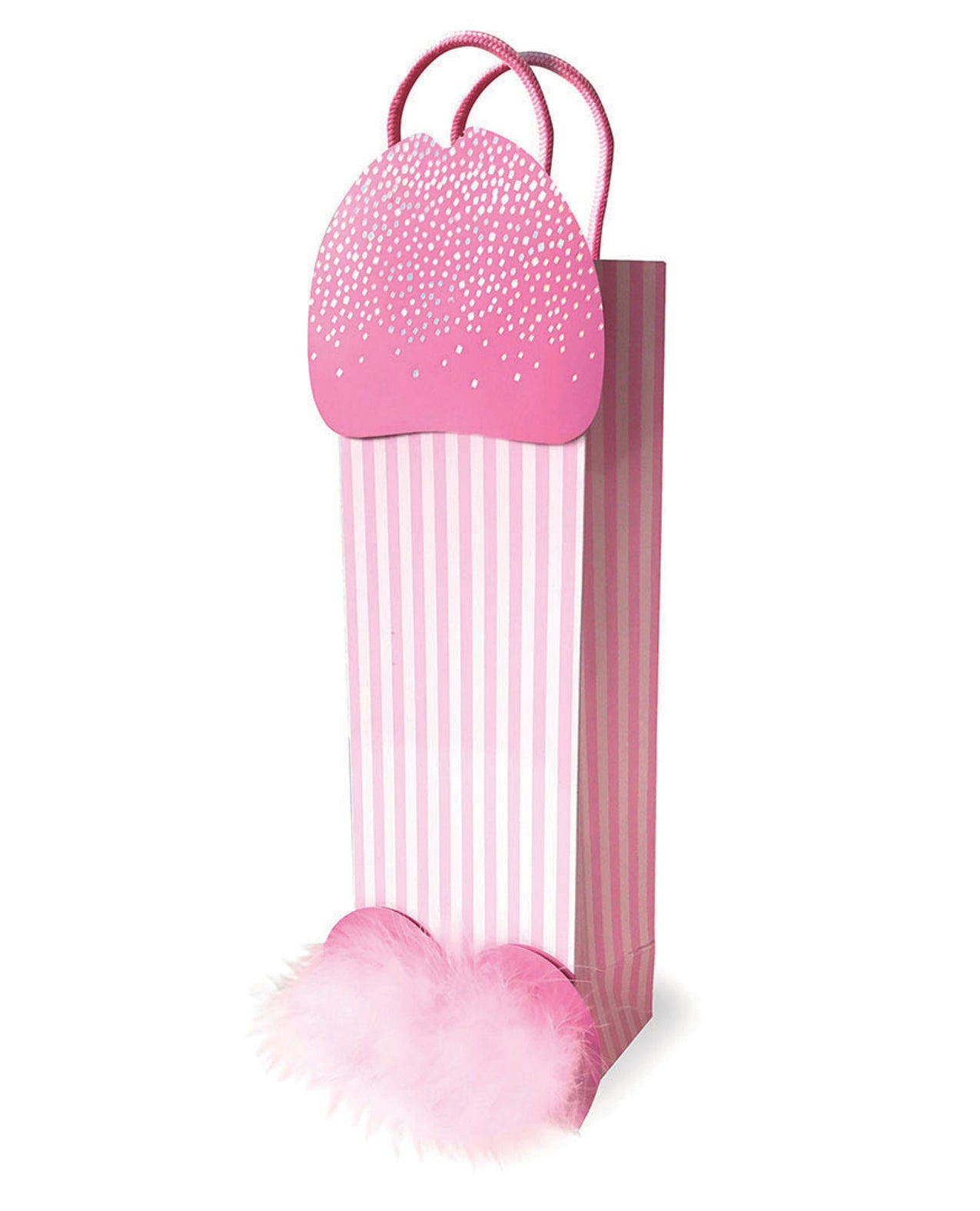 Borsa regalo a forma di pene con paillettes glitterate e piume