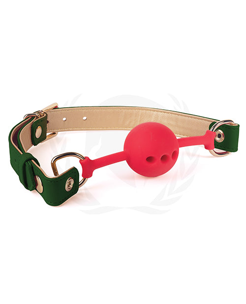 Spartacus Silicone Ball Gag With Green PU Straps And Gold Hardware 46mm