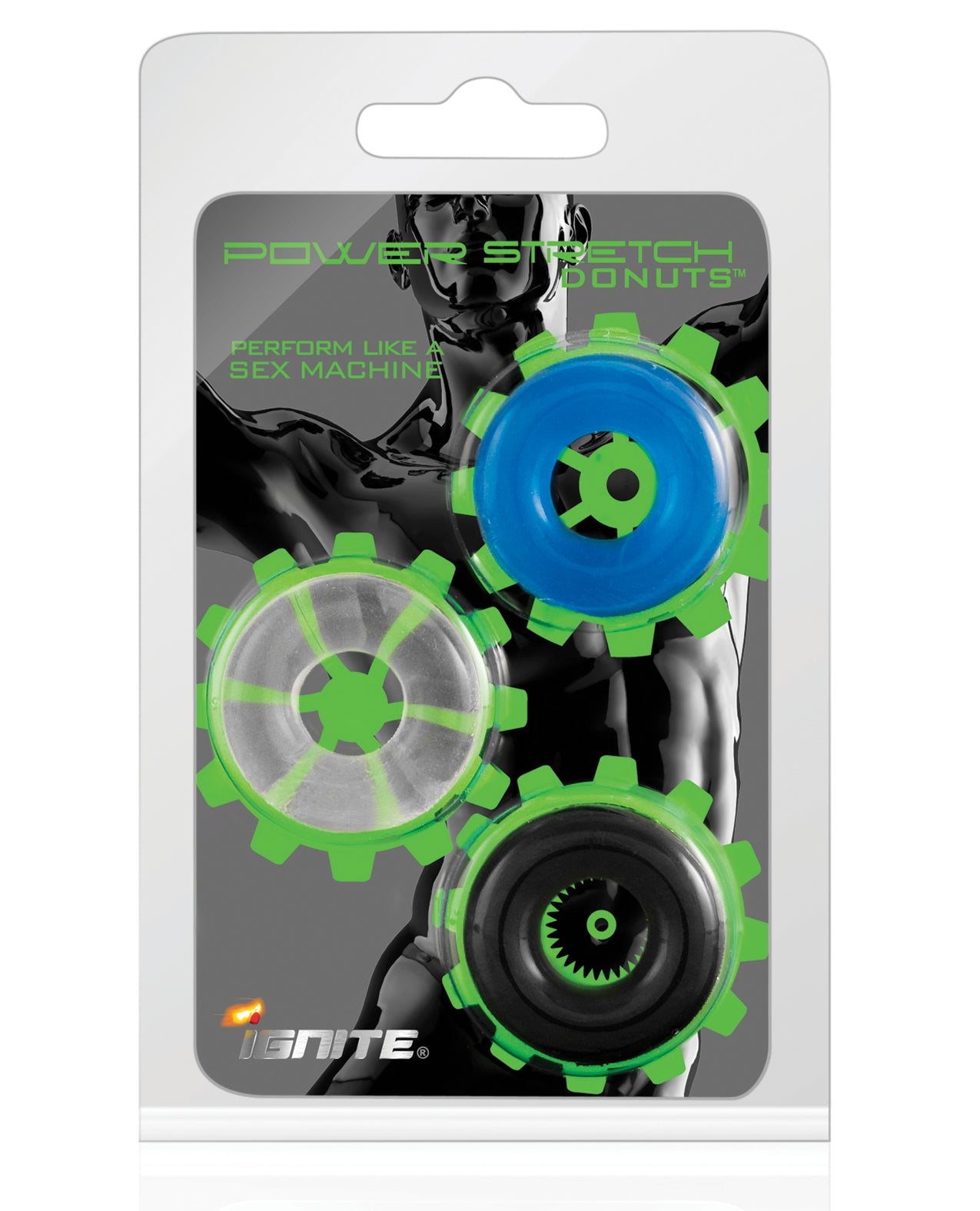 Inele pentru penis Ignite Power Stretch Donuts - Set de 3 Negru/Transparent/Albastru