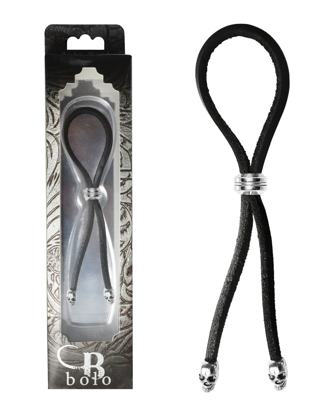 Anillo para el pene Bolo de cuero con deslizador de cuentas y puntas de calavera - Negro/Plata