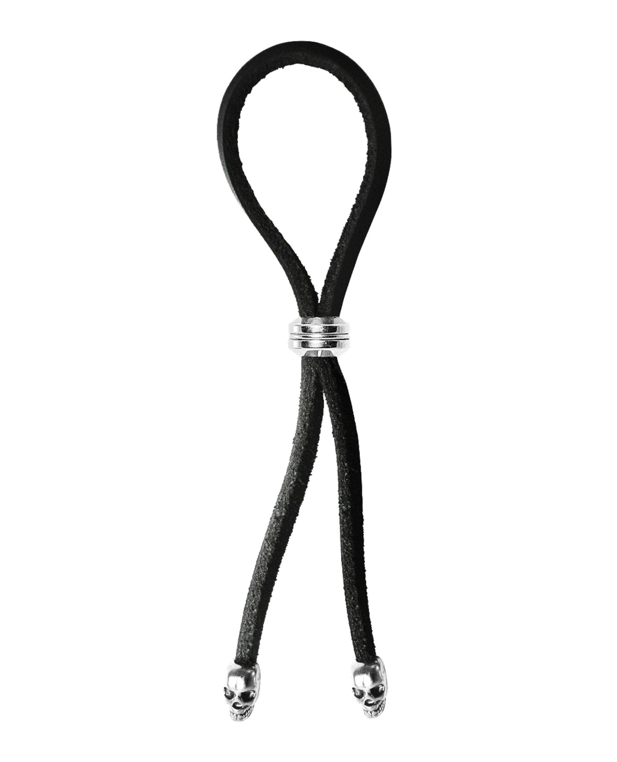 Anillo para el pene Bolo de cuero con deslizador de cuentas y puntas de calavera - Negro/Plata
