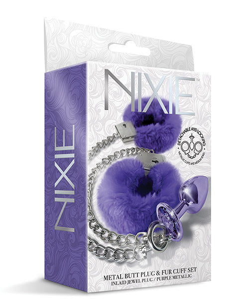 Plug Anal de Metal Nixie com Joia Incrustada e Conjunto de Punho de Pele - Roxo Metálico