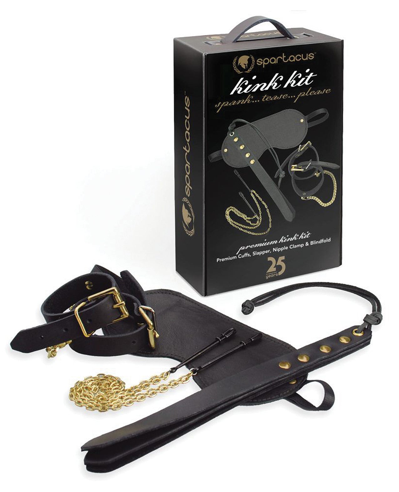 Spartacus Kink Kit Leather Cuffs Blindfold Latigo Leather Slapper And Clamps