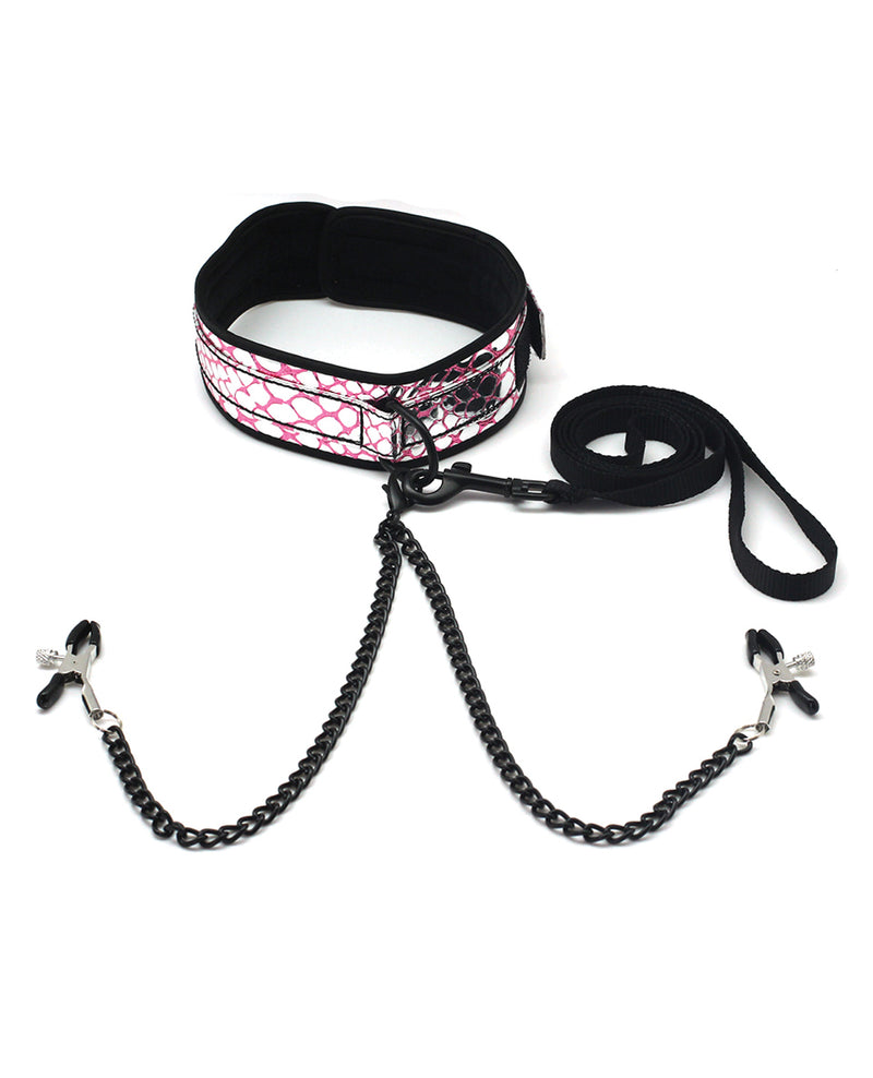 Cargue la imagen en el visor de la galería, Spartacus Faux Leather Collar &amp; Leash w/Black Nipple Clamps - Pink
