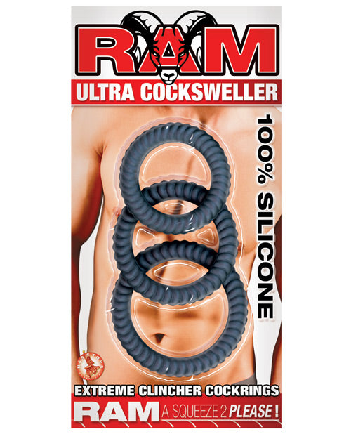 Ram Ultra Cocksweller Silicone Cockring Set Three Rings Black