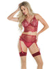 Încărcați imaginea în vizualizatorul Galerie, Lace Bra &amp; Garter Set w/Cutaway Cups &amp; Adjustable Straps &amp; Thong Merlot LG
