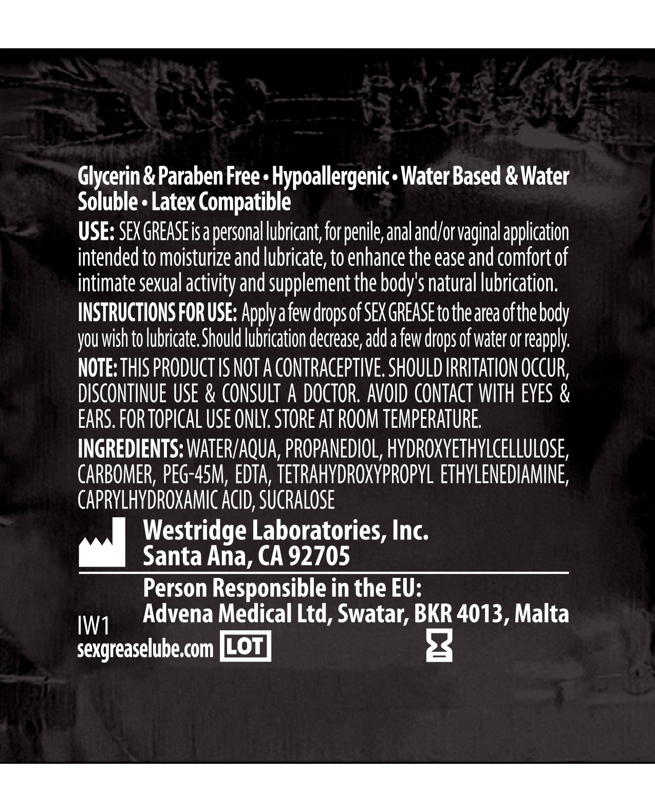 Sex Grease Water Based Lubricant Glycerin Free 4.4 oz Bottle