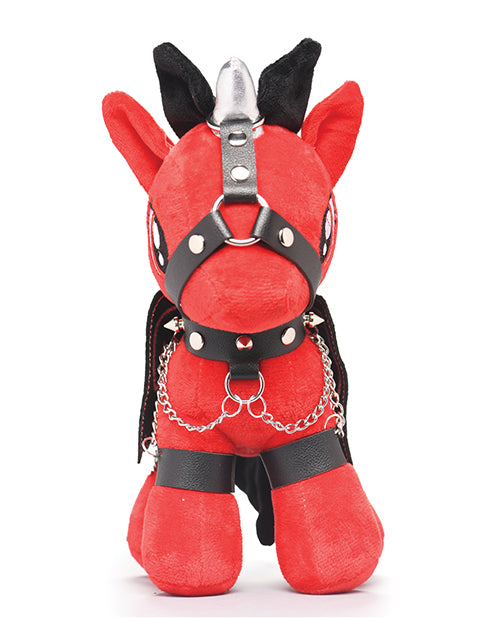 Master Series Bondage Pony Red Plush With Silver Horn Wings Faux Leather Harness