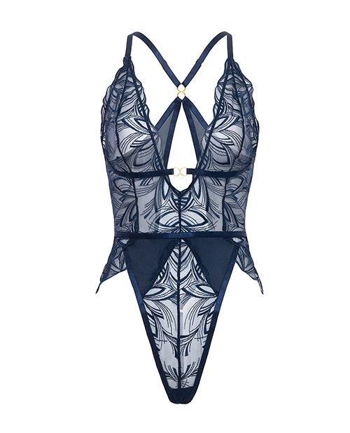 Davina V Plunge Embroidered Teddy With Double Ring Charm Navy Medium