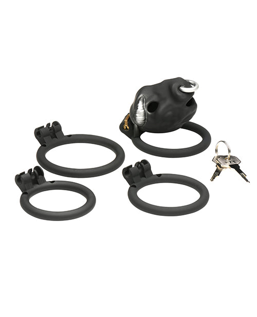 Master Series Bull Chastity Cage Black With Bull Head Cap And Four Graduated Rings For Adjustable Fit And Body Safe