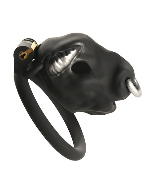 Master Series Bull Chastity Cage Black With Bull Head Cap And Four Graduated Rings For Adjustable Fit And Body Safe