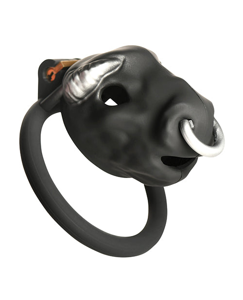 Master Series Bull Chastity Cage Black With Bull Head Cap And Four Graduated Rings For Adjustable Fit And Body Safe