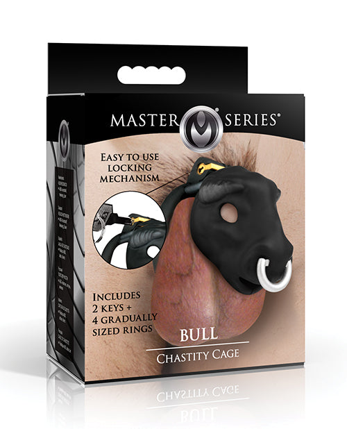 Master Series Bull Chastity Cage Black With Bull Head Cap And Four Graduated Rings For Adjustable Fit And Body Safe