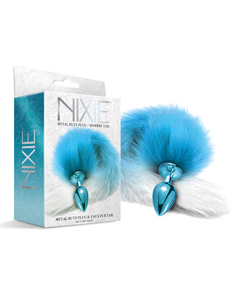 Plug Anal Métallique Nixie avec Queue en Fourrure Synthétique - Bleu Métallique