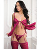 Ladda bilden i Galleri Viewer, Ruffled Lace and Mesh Babydoll With Thong, Garters and Stockings Raspberry One Size
