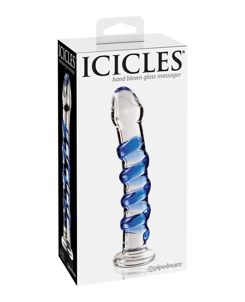 Load image into Gallery viewer, Icicles No. 5 Hand Blown Glass Massager - Clear w/Blue Swirls
