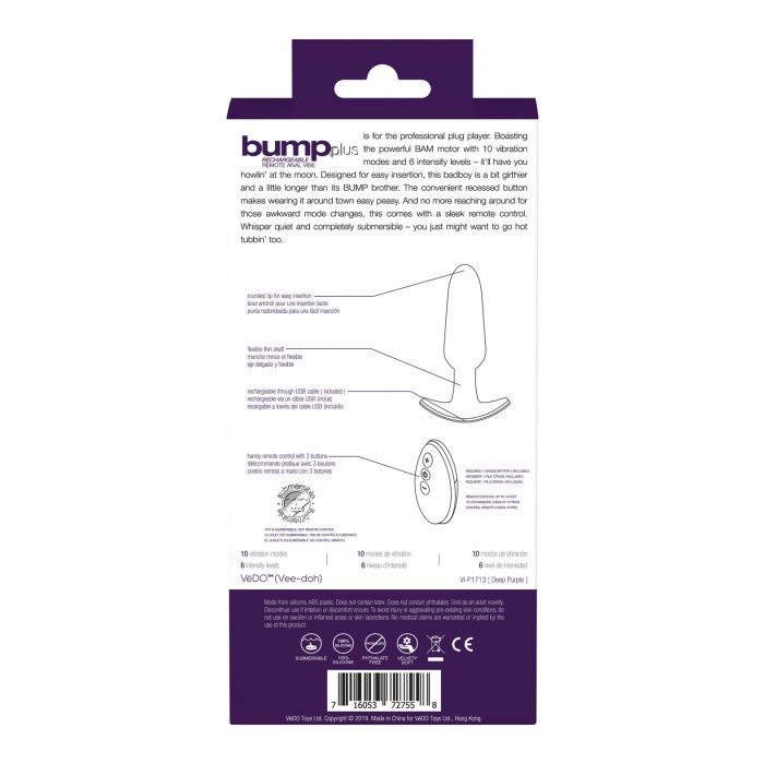 VeDO Bump Plus Genopladelig Fjernbetjent Anal Vibrator - Dyb Lilla