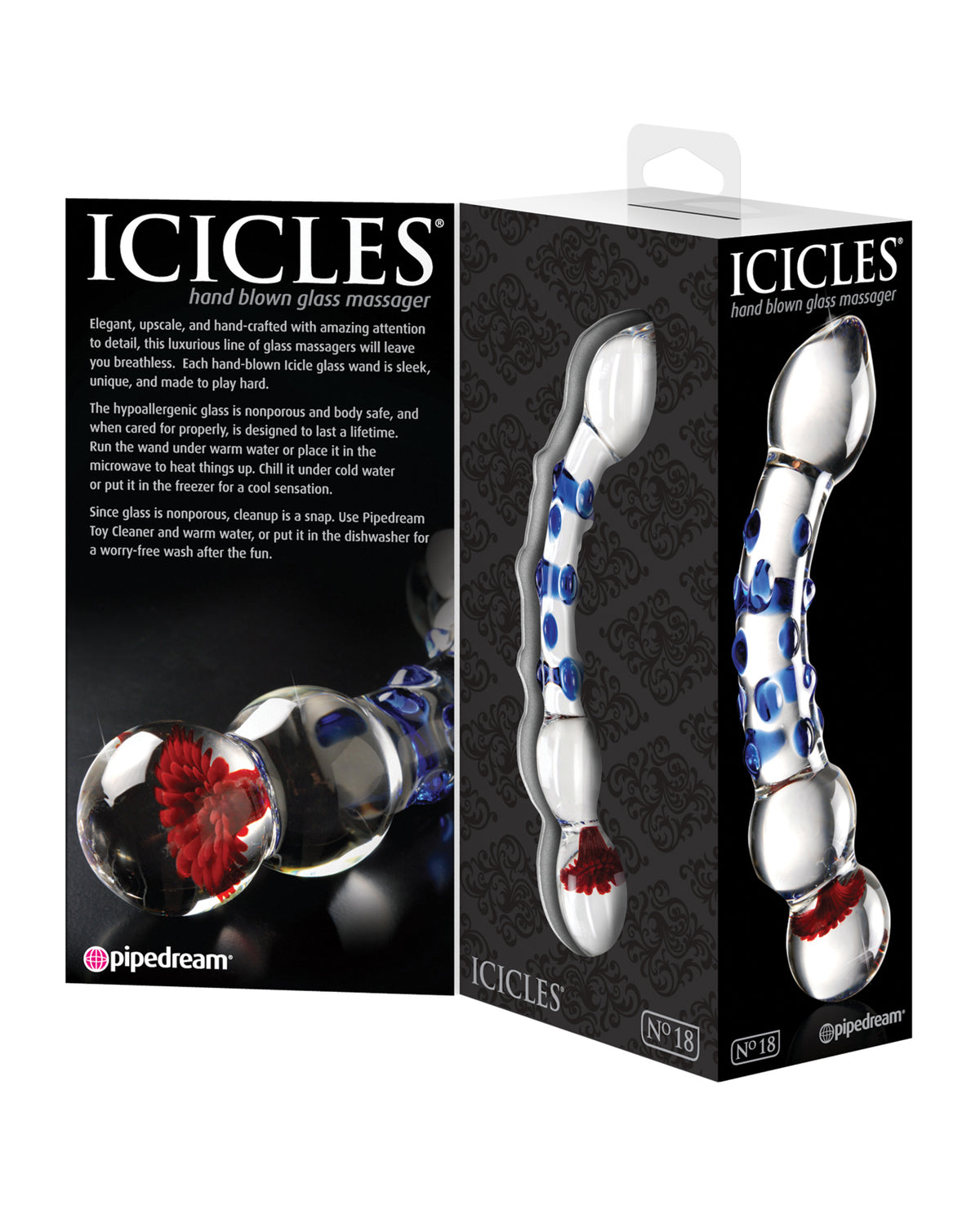 Massaggiatore in vetro soffiato a mano Icicles n. 18 - Trasparente con manopole blu