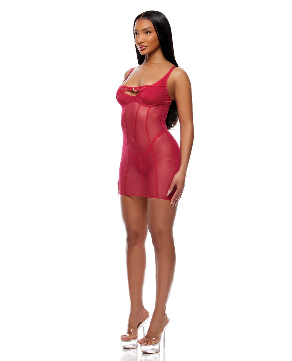 Layers To This Sheer Mesh and Knit Chemise w/Thong 2 pc Set - Pink LG
