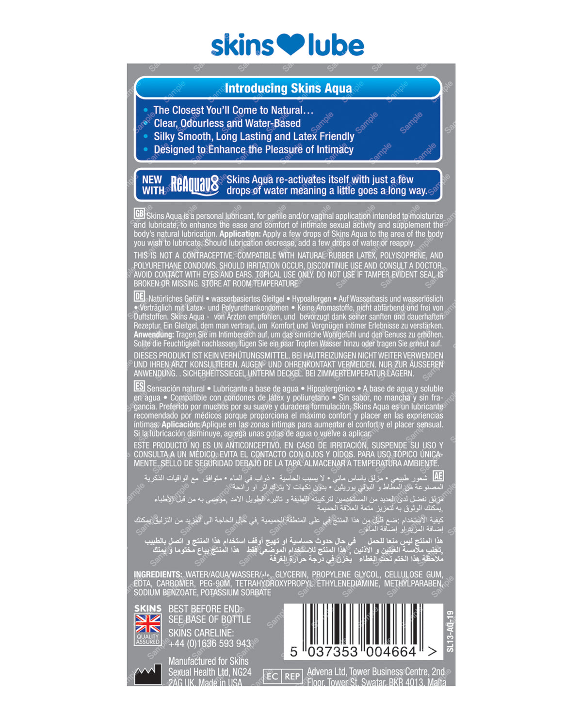 Lubricante a base de agua Skins Aqua - 4.4 oz