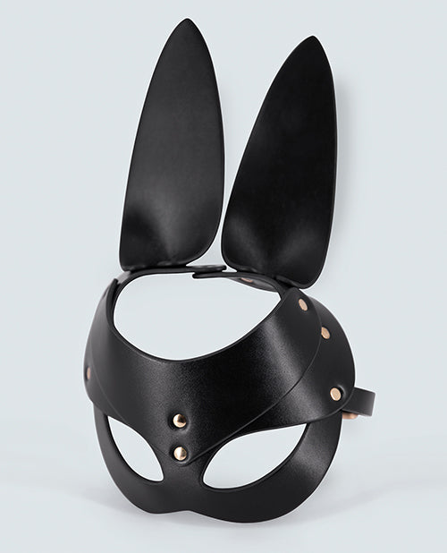 Lust PU Leather Bunny Mask Black Half Face Mask With Ears Adjustable Buckled Headband Metal D Rings And Studs