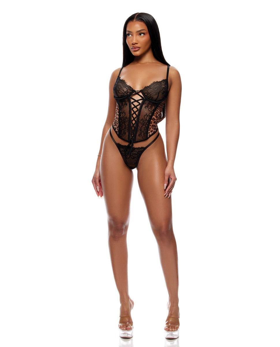 Animal Instincts Sheer Mesh and Lace Bustier w/Thong 2 pc Set - Animal XL