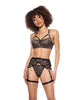 Ladda bilden i Galleri Viewer, Lace Underwire Bralette w/Thong &amp; Garter - Black/Rose Gold LG
