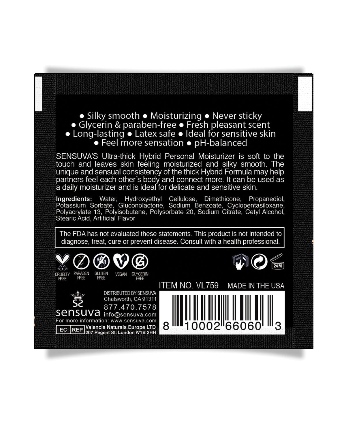 Sensuva Ultra Thick Hybrid Personal Moisturizer Single Use Packet - 6 ml Unscented