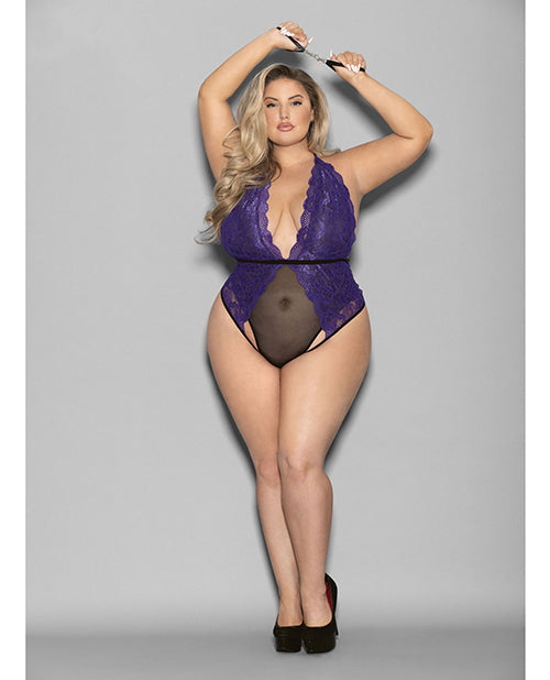 Euphoria Halter koronkowe i siateczkowe body z kajdankami na nadgarstki fioletowo-czarne QN