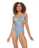 Indlæs billede i gallerifremviser, Scallop Stretch Lace &amp; Sheer Mesh Teddy w/Front V Cut Out Blue LG
