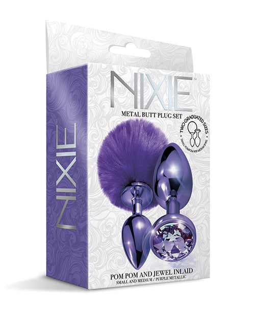 Conjunto de Plug Anal Metálico Nixie com Joia Incrustada e Pom Pom - Roxo Metálico