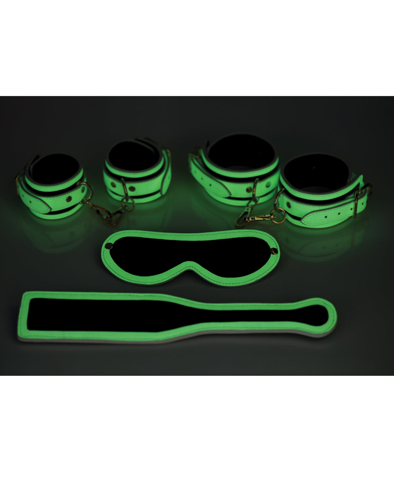 Master Series Kink in the Dark Glowing Cuffs & Blindfold & Paddle Set