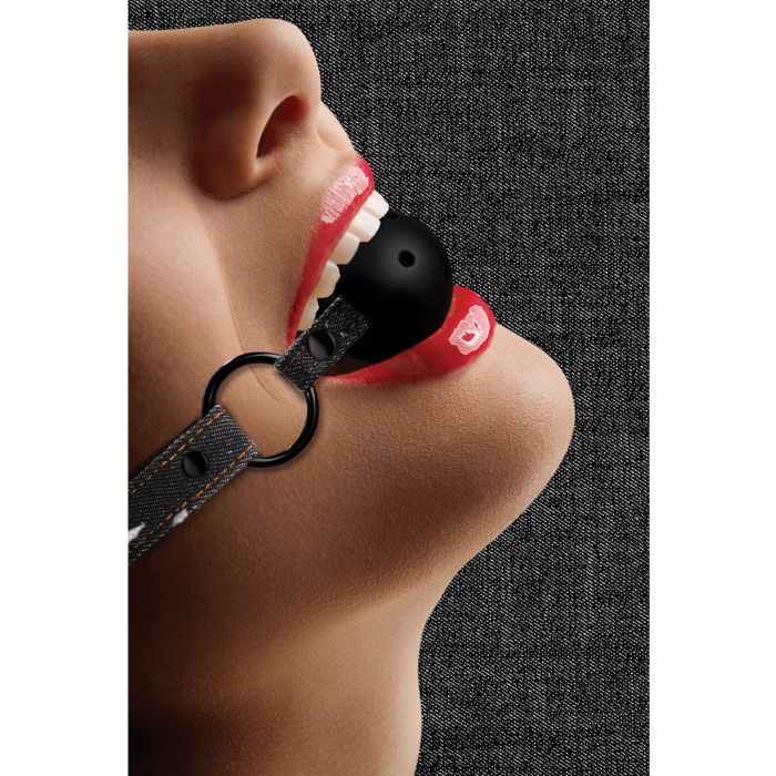 Shots Ouch Breathable Ball Gag w/Denim Straps - Black
