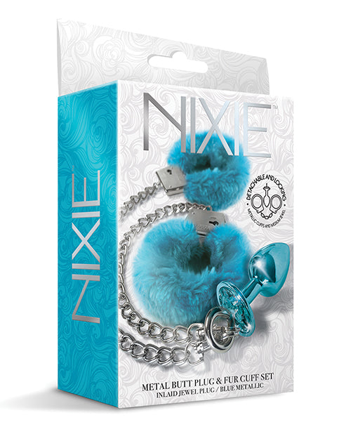 Nixie Metall-Butt-Plug mit eingelegtem Schmuckstein & Pelzmanschetten-Set - Blau Metallic