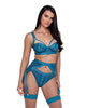 Cargue la imagen en el visor de la galería, Studs &amp; Kisses Balconette Cup w/Underwire Bra, Garter Belt &amp; Panty Teal LG
