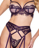 Load image into Gallery viewer, Sugar Plum Scalloped Eyelash Lace &amp; Faux Leather Trim Bra, Garter Belt &amp; Thong Purple LG
