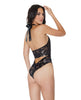 Load image into Gallery viewer, Metallic Stretch Lace Crotchless Teddy Lingerie Black Rose Gold One Size
