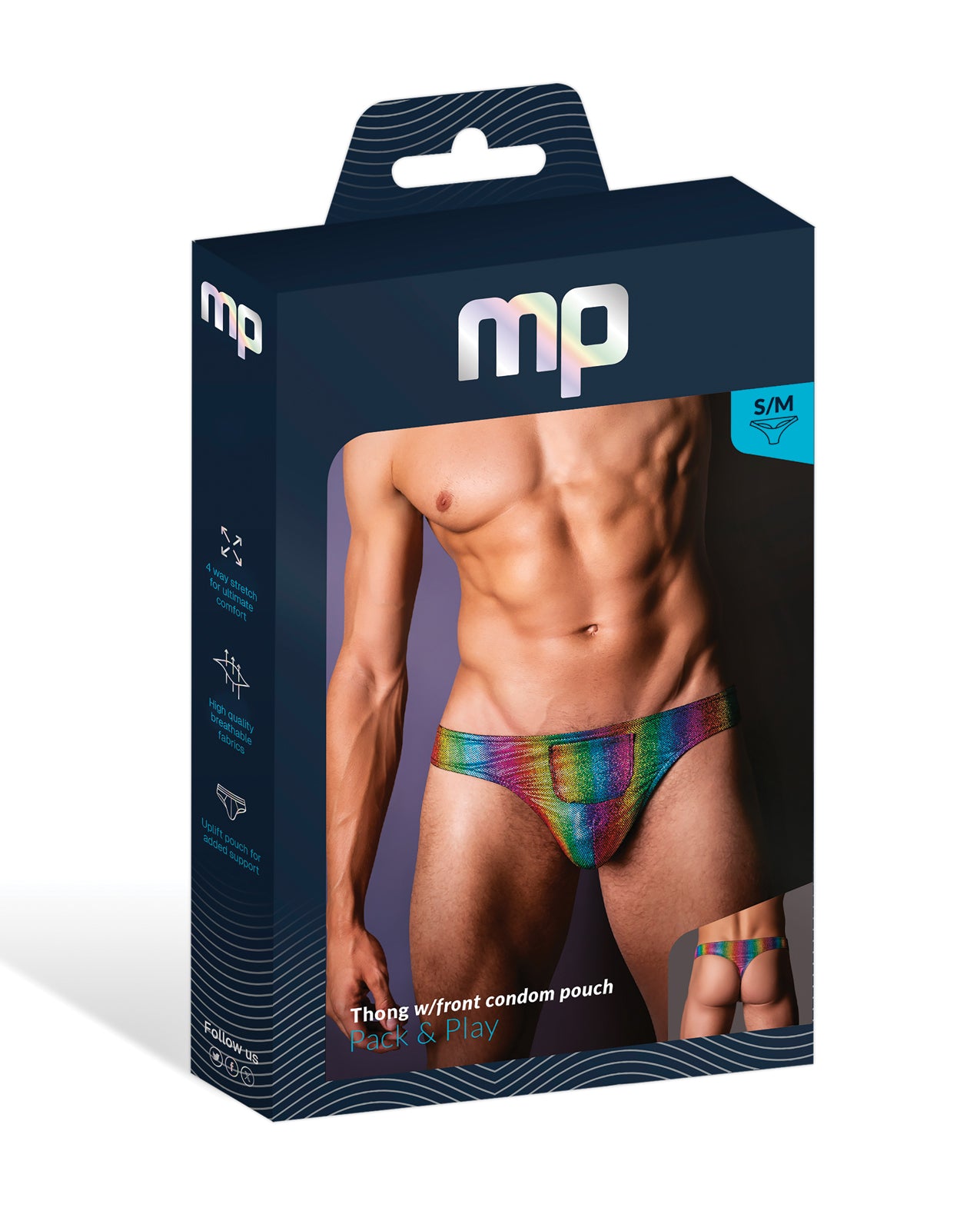 Pack & Play Thong w/Front Condom Pouch - Rainbow S/M