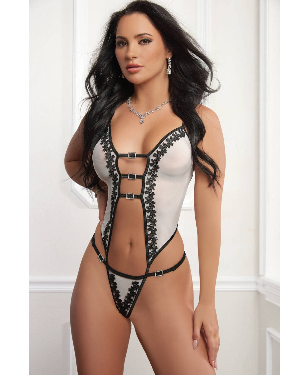 Sheer Teddy With Embroidery And Rhinestone Details In White And Black One Size Lingerie