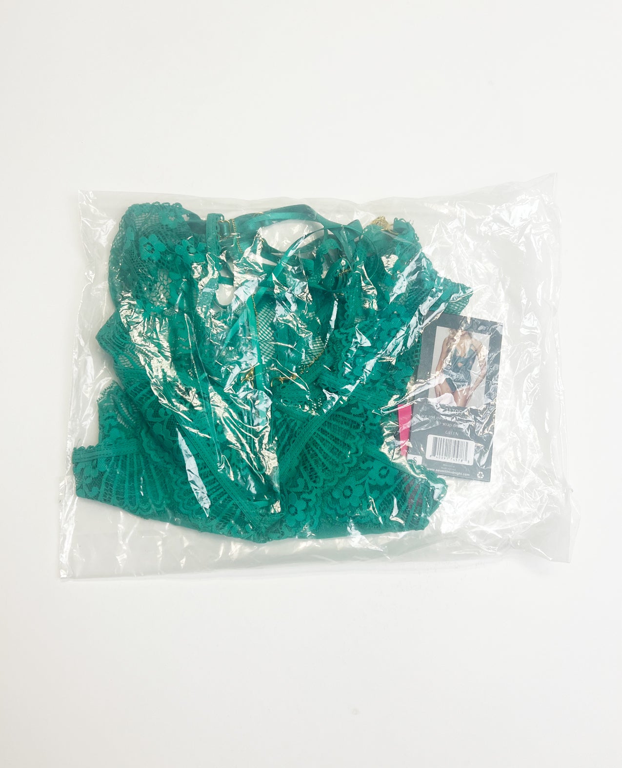 Lace and Mesh Open Crotch Teddy w/Gold Straps - Green MD