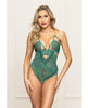 Indlæs billede i gallerifremviser, Lace and Mesh Open Crotch Teddy w/Gold Straps - Green MD
