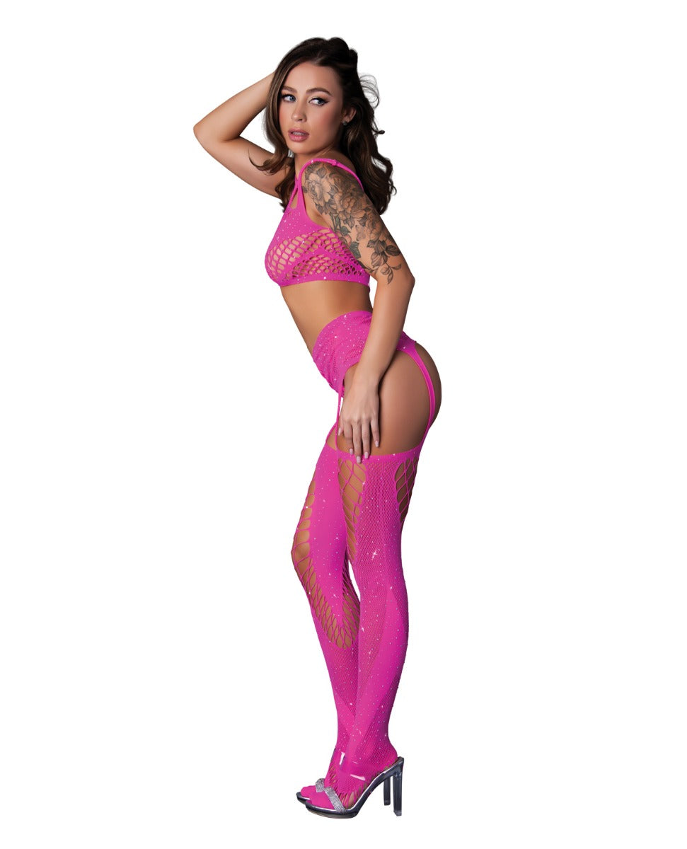 Seamless Blacklight Reflective Bralette With G String And Garter 3 Piece Pink
